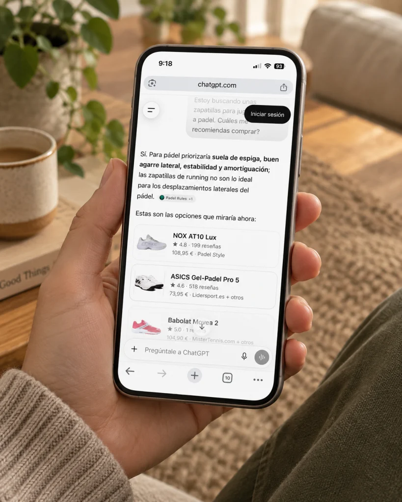Conversación real en ChatGPT recomendando productos de una tienda Shopify en formato mockup de móvil, ejemplo de ChatGPT Ads para ecommerce